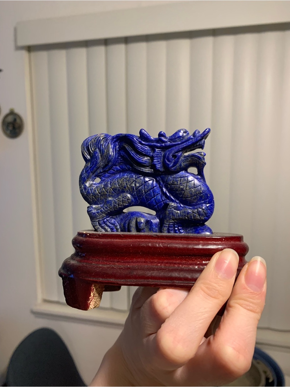 Vintage Natural lapis lazuli stone and wood dragon statue / carving